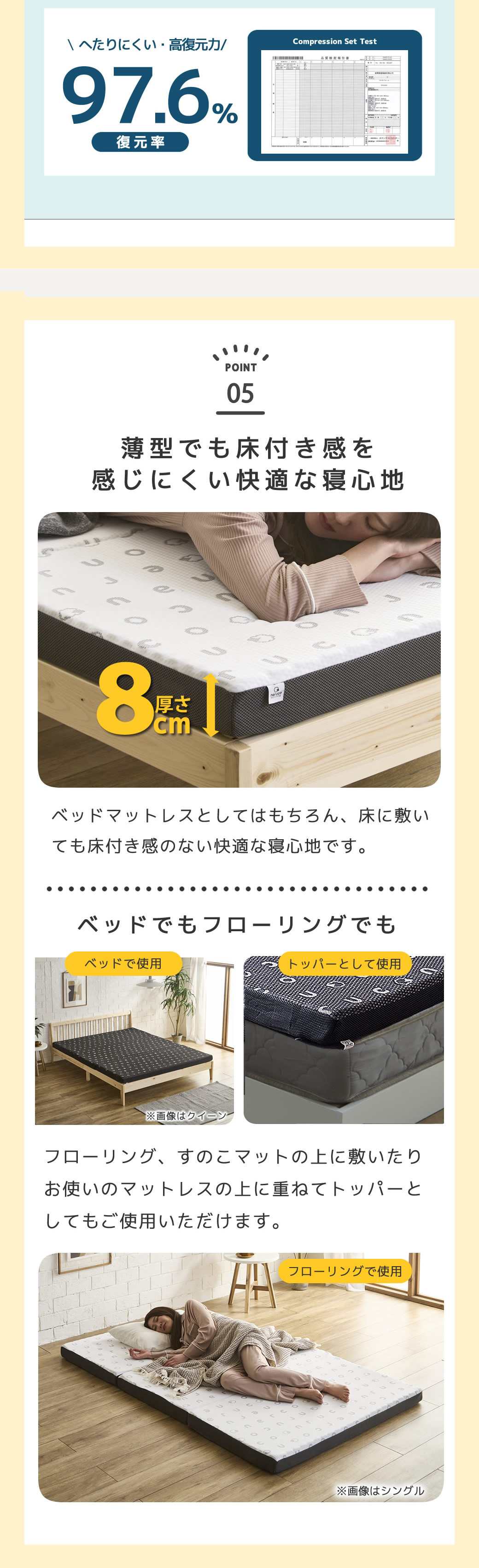 薄型でも床付き感のなくおやすみいただけます。フローリングやすのこマットの上に敷いても快適にお使いいただけます。ベッドにそのまま敷いても、マットレスの上に重ねてトッパーとしてもお使いいただけます。