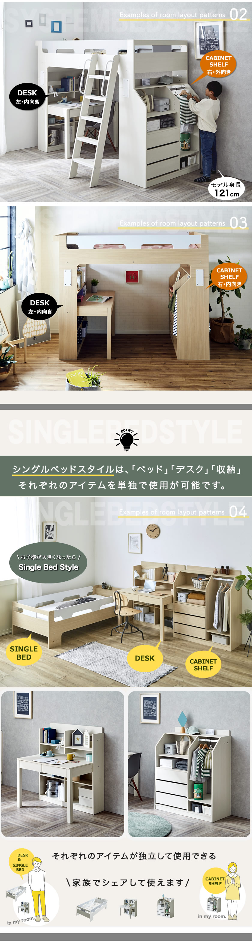 ベッド,デスク,収納を省スペースに設置ができる・システムベッドスタイル-ベッド,デスク,収納それぞれのアイテムを単独で使用が可能なシングルベッドスタイル