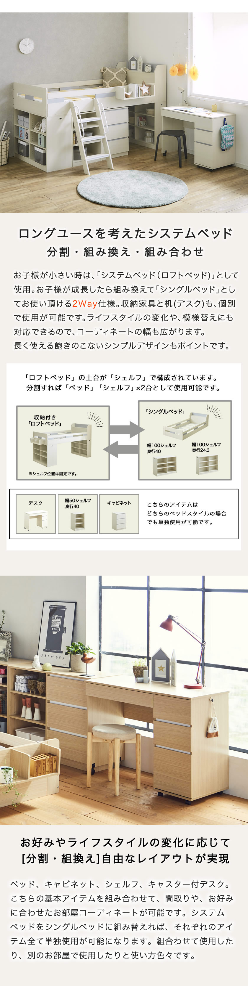 ロフトベッドは分割組み換えでシングルベッドでも使用可能