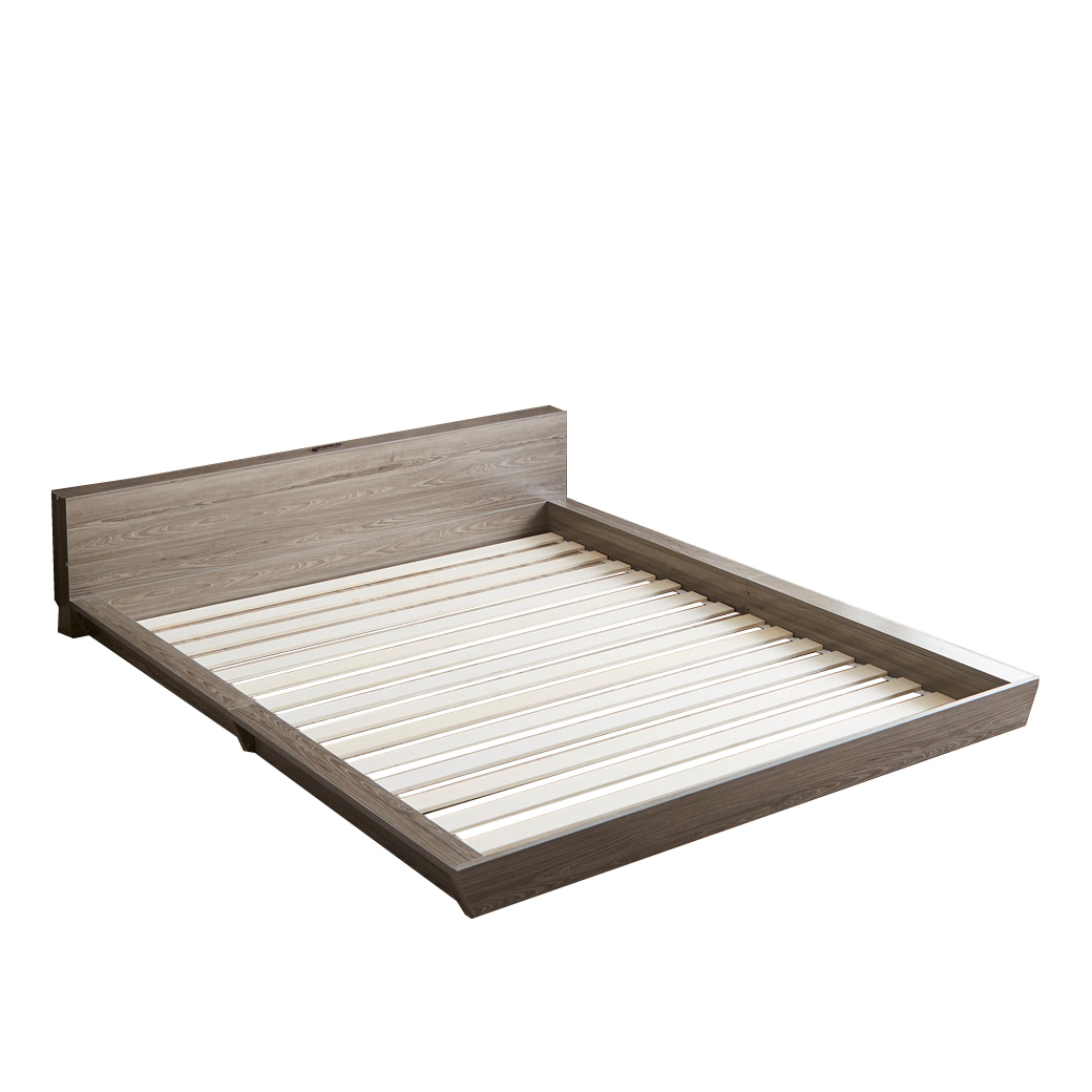 Platform Bed ローベッド クイーン 棚付きコンセント2口 木製ベッド