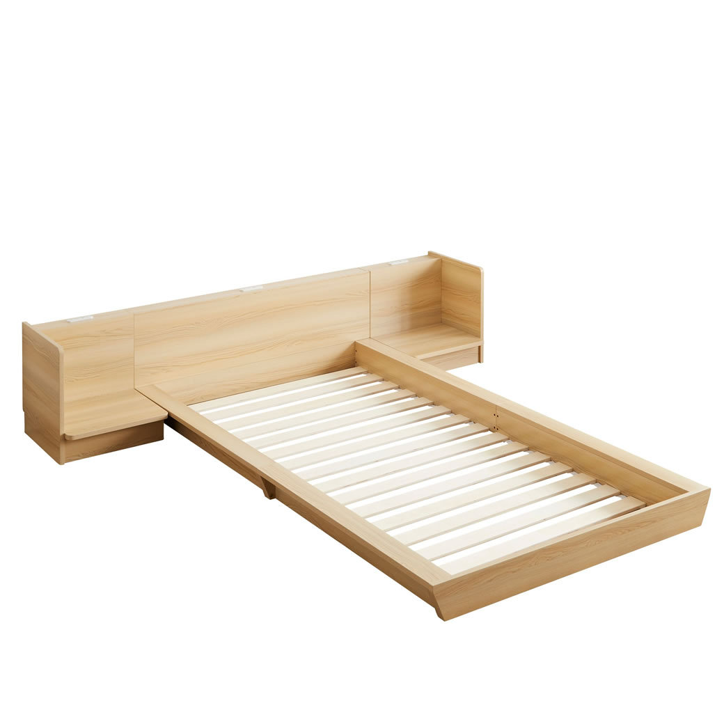 Platform Bed ローベッド クイーン ナイトテーブルLR(左右) 棚付きコンセント2口 木製ベッド フロアベッド ステージベッド s01