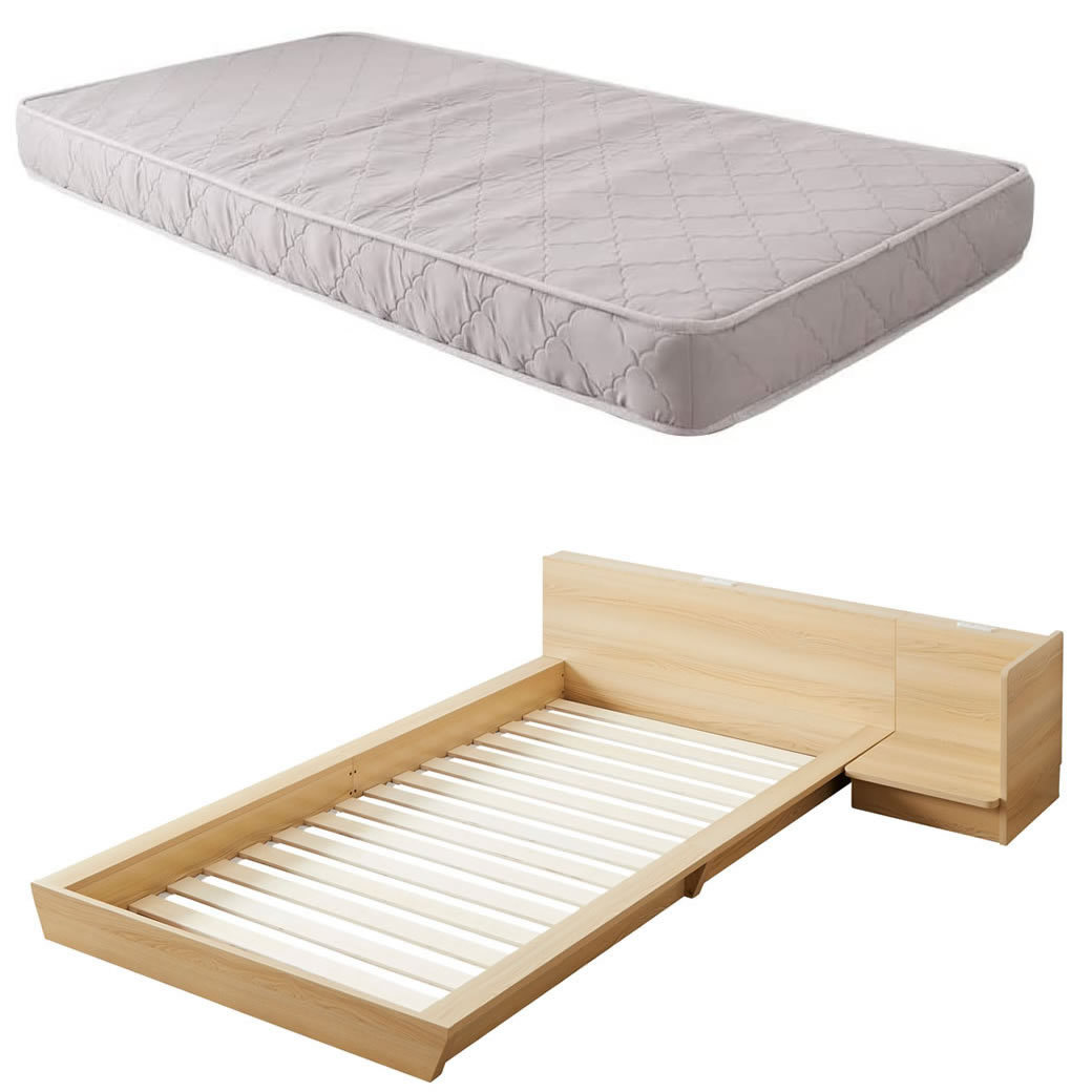 Platform Bed ローベッド ダブル ナイトテーブルL(左) 15cm厚 ポケットコイルマットレス付 棚付きコンセント2口 木製ベッド  フロアベッド