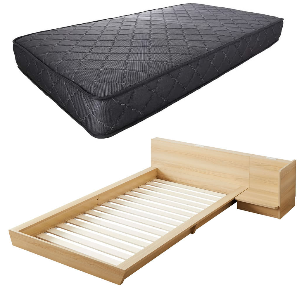 Platform Bed ローベッド シングル ナイトテーブルL(左) 20cm厚 ポケットコイルマットレス付 棚付きコンセント2口 木製ベッド フロアベッド｜ioo-neruco｜03
