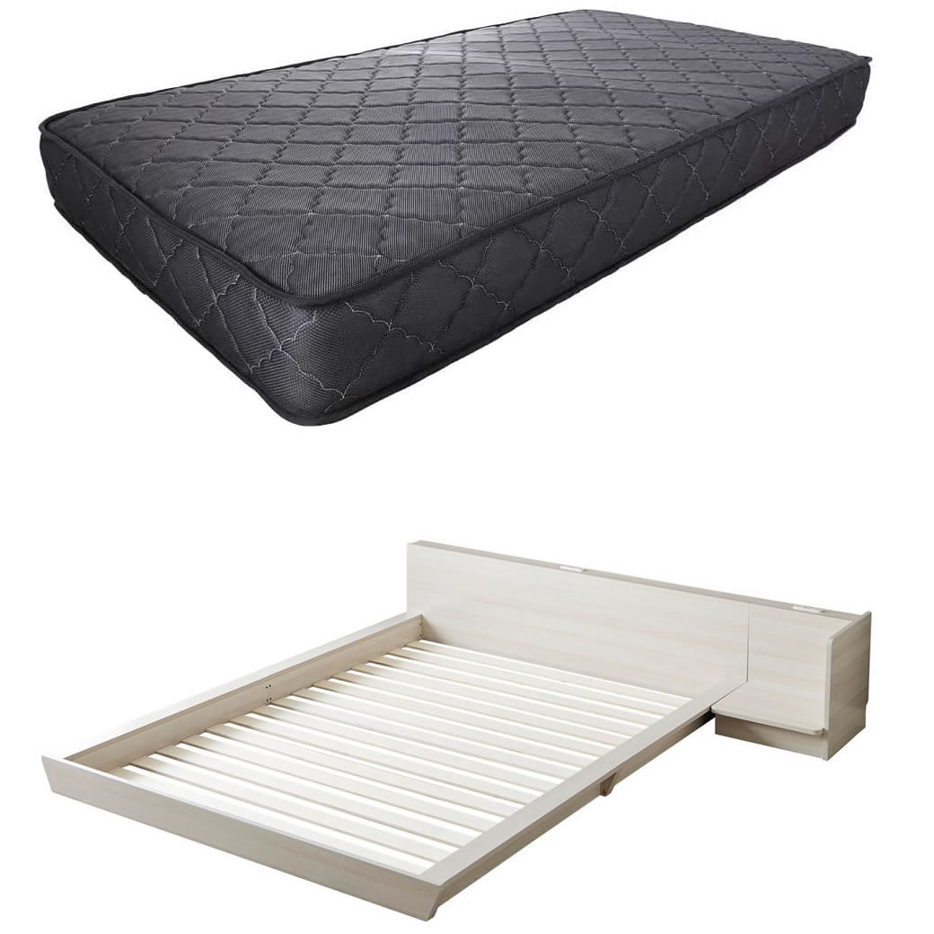 Platform Bed ローベッド シングル ナイトテーブルL(左) 20cm厚 ポケットコイルマットレス付 棚付きコンセント2口 木製ベッド フロアベッド｜ioo-neruco｜04