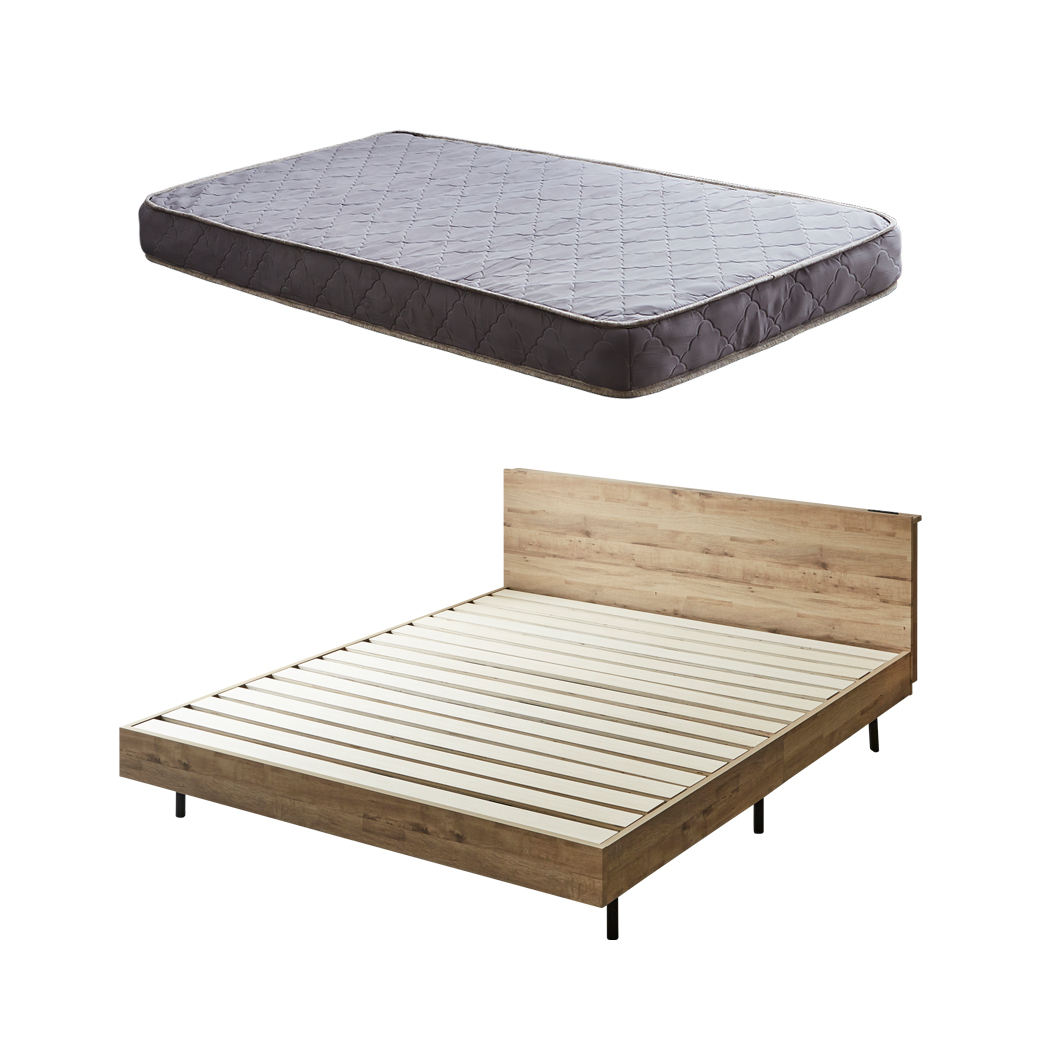 棚付きベッド 厚さ15cmポケットコイルマットレスセット クイーン 木製