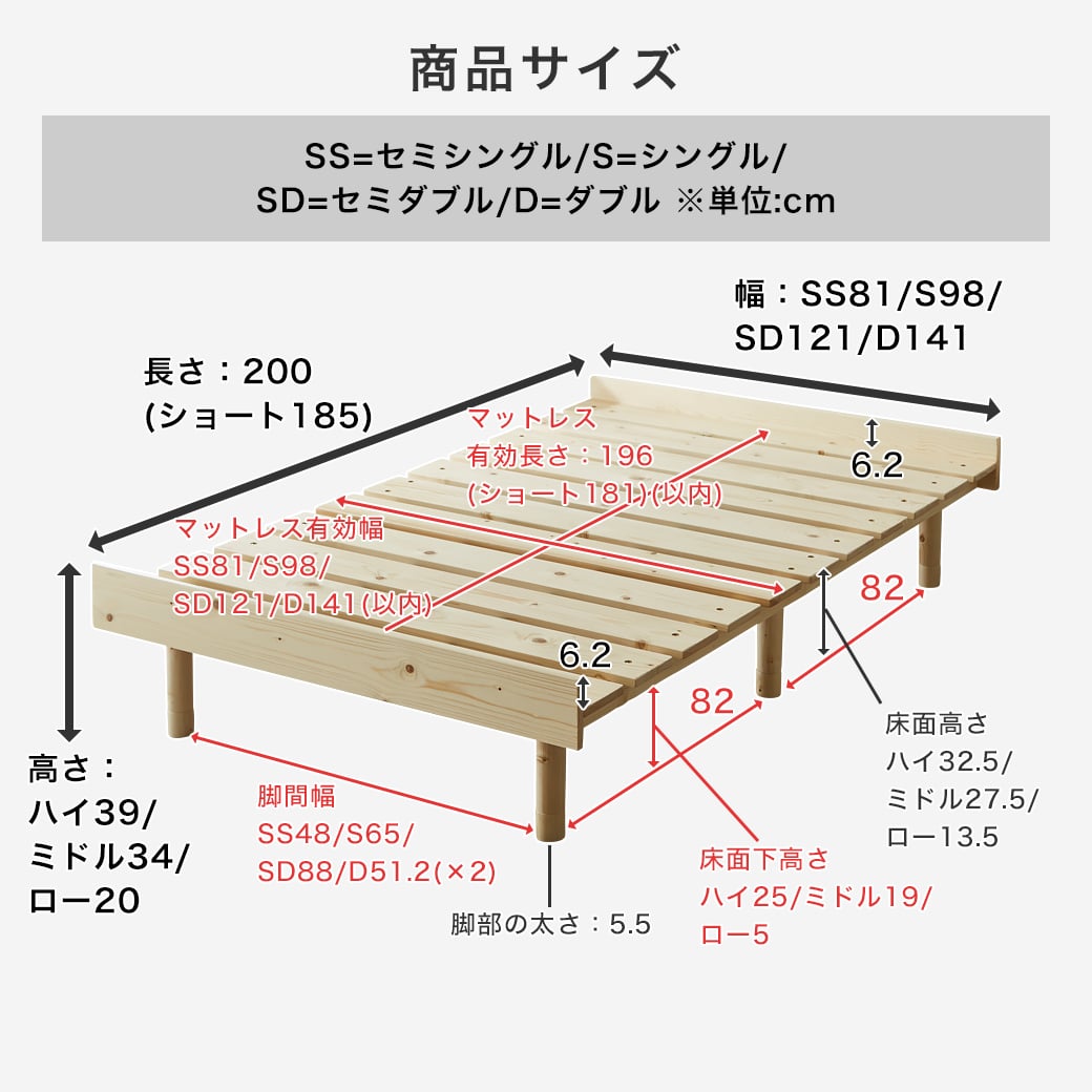 マーヴィンすのこベッドのサイズ詳細