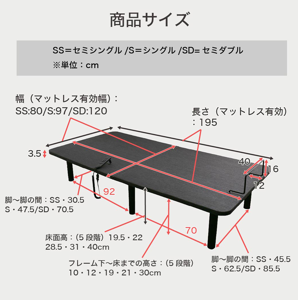 電動リクライニングベッド　エントリーモデルサイズ詳細