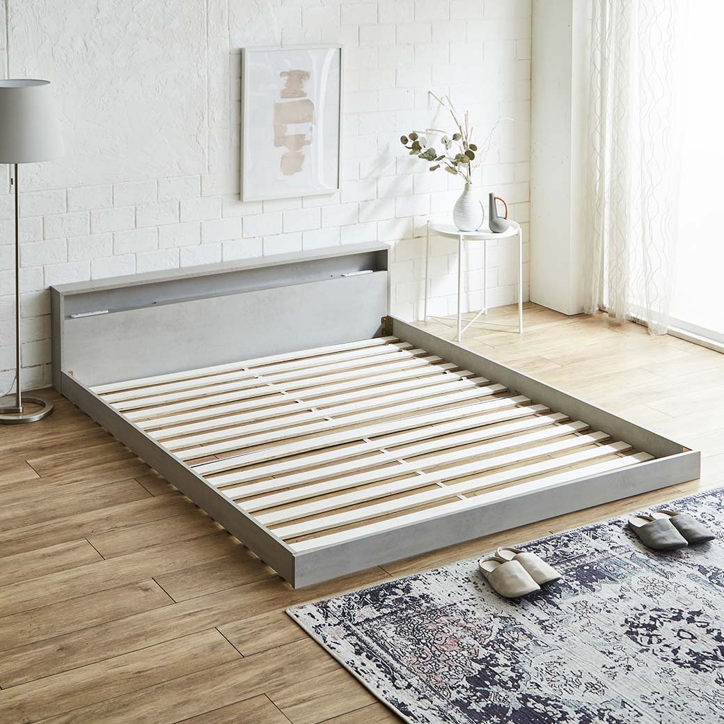 ネルコンシェルジュ クイーンベット フレームのみ グレー ネルコンシェルジュ 棚付きベッド ベッドフレームのみ クイーン 木製