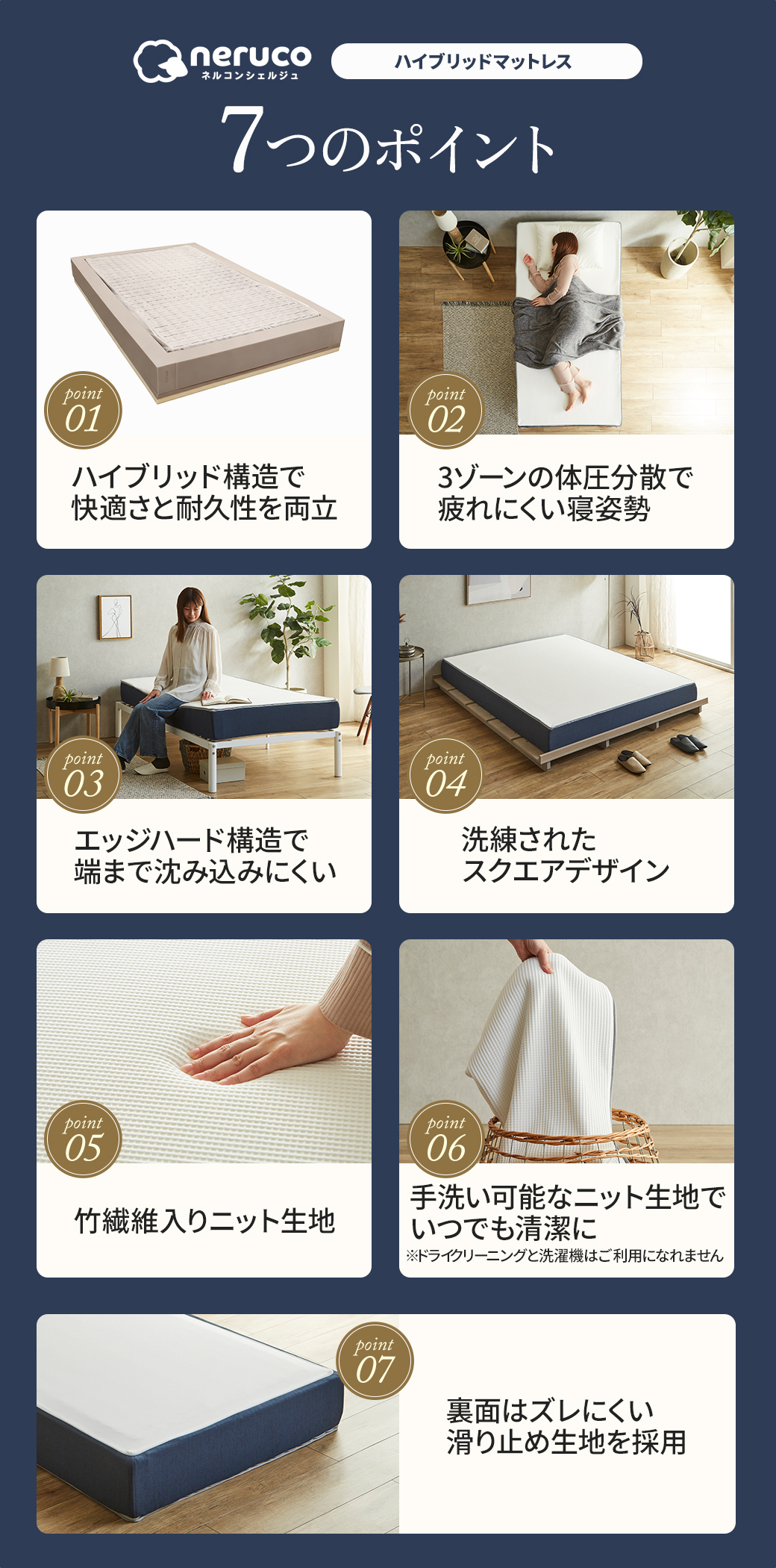 nerucoハイブリッドマットレス 7つのポイント一覧 ハイブリッド構造 3ゾーン体圧分散 エッジハード 竹繊維 手洗いカバー 滑り止め