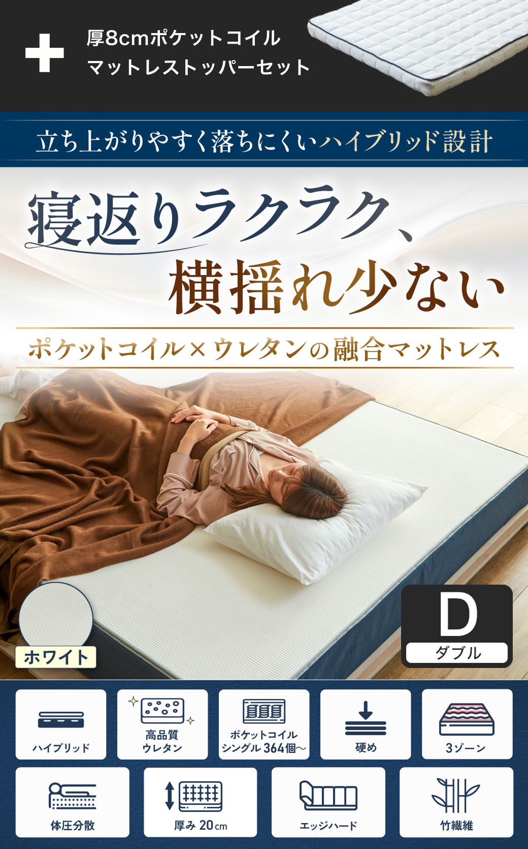 寝返りラクラクで横揺れ少ない nerucoブルーボックスハイブリッドマットレス ポケットコイル×ウレタン 3ゾーン エッジハード 厚み20cm ホワイト