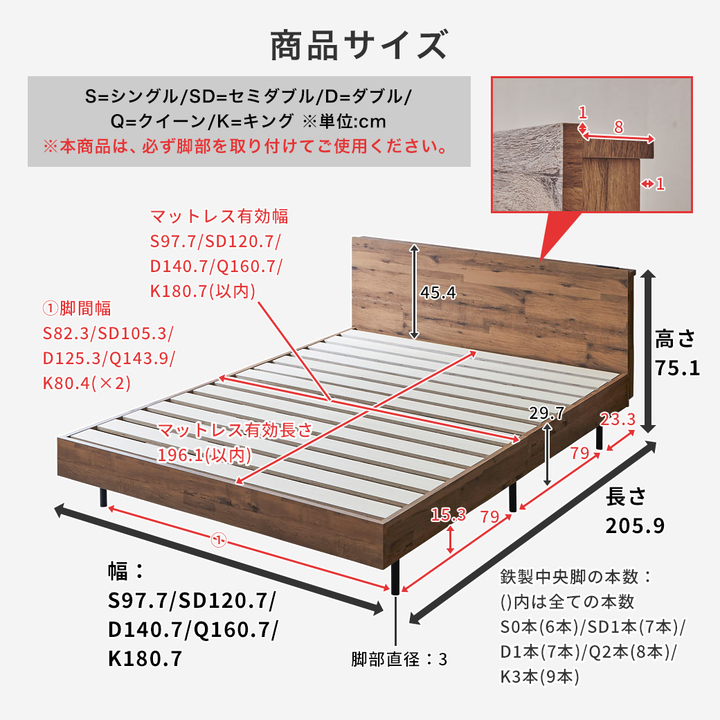 アーヴィング棚付きベッドのサイズ詳細画像