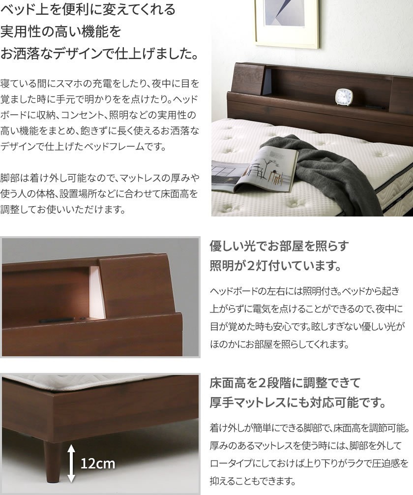 グランツ 棚 照明 コンセント付き脚付きベッド フレームのみ