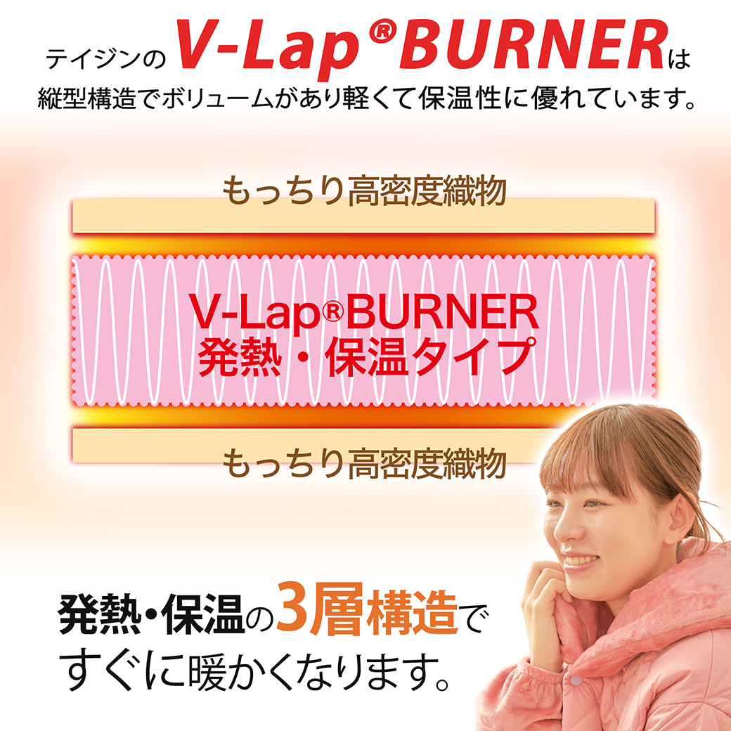 使用しているテイジンのV-Lap(R)BURNERは縦型構造でボリュームがあり、軽くて保温性に優れています。