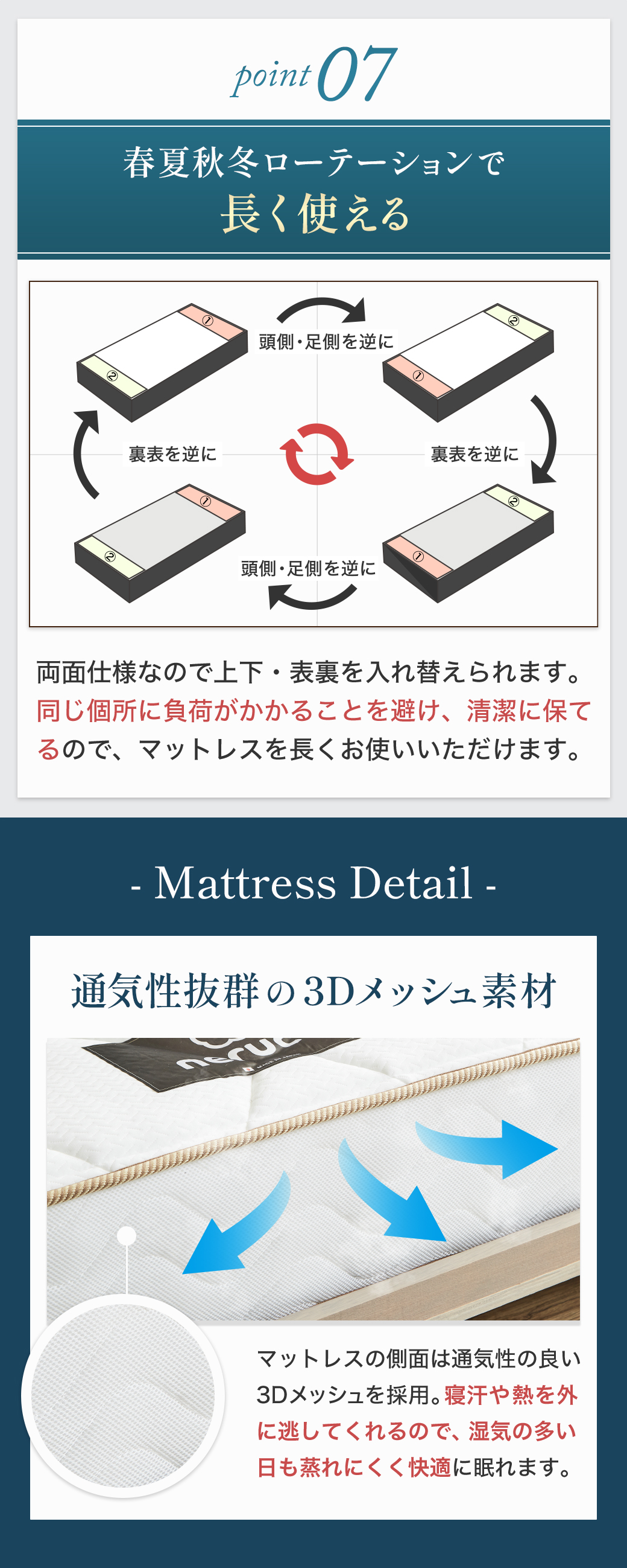 両面仕様なので上下・表裏を入れ替えられ、春夏秋冬ローテーションで長く使える。また通気性抜群の3Dメッシュ素材を採用し、湿気の多い日も蒸れにくく快適に眠れます。