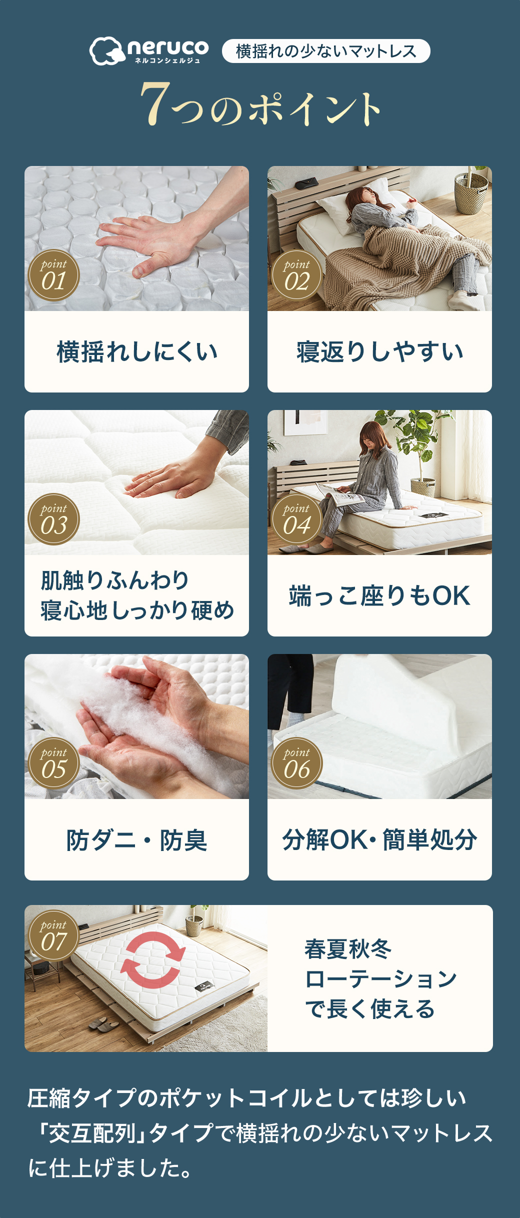 圧縮タイプのポケットコイルとしては珍しい「交互配列」タイプで横揺れの少ないマットレスに仕上げました。