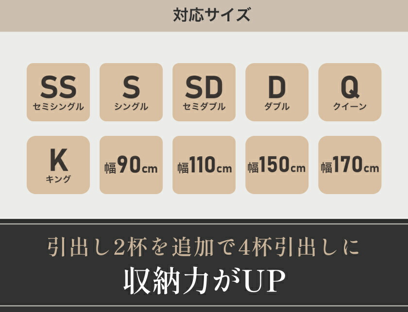 引き出し2杯追加で4杯収納にできるスタンダード・ニッチベッド対応サイズ一覧 SS〜K 幅90〜170cm