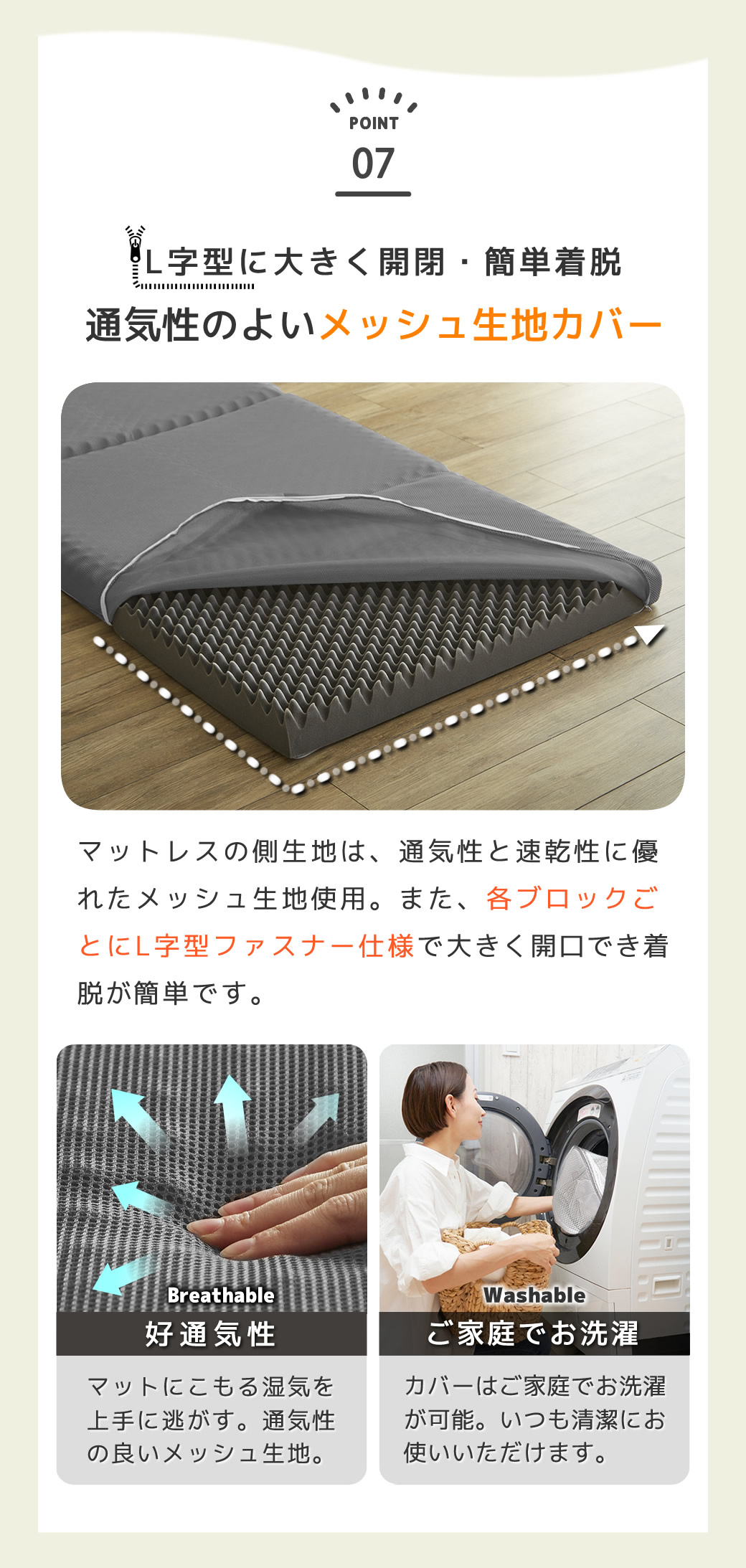 通気性のよい立体メッシュ生地 カバーは洗濯が可能です。L型ファスナー