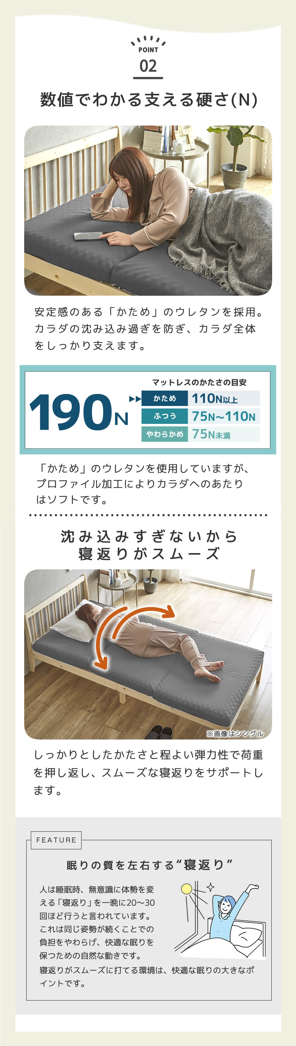 数値で分かる支える「硬さ」190N カラダ沈み込み過ぎを防いで支える