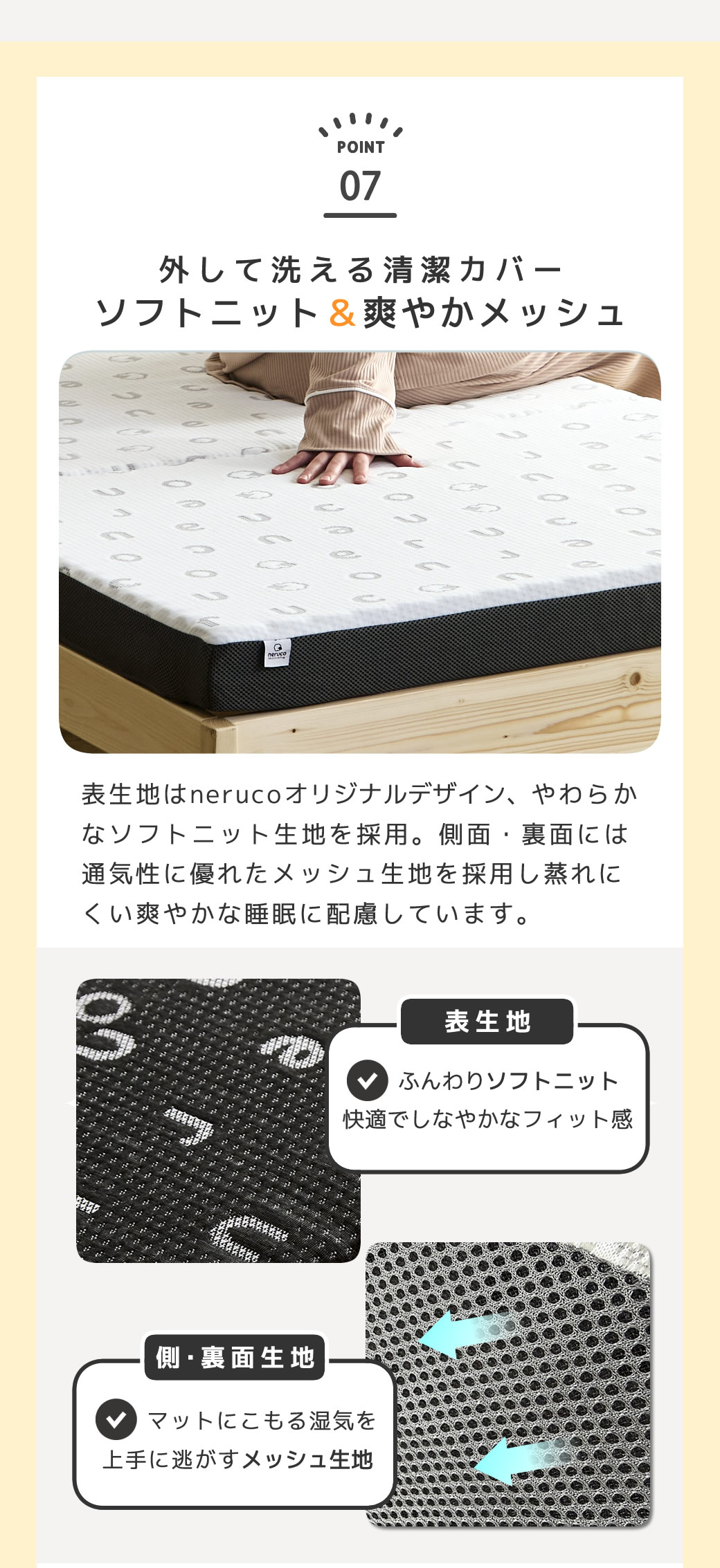 側面。裏面は通気性のよい立体メッシュ生地 カバー取り外して洗濯が可能です。コの字型開閉ファスナー