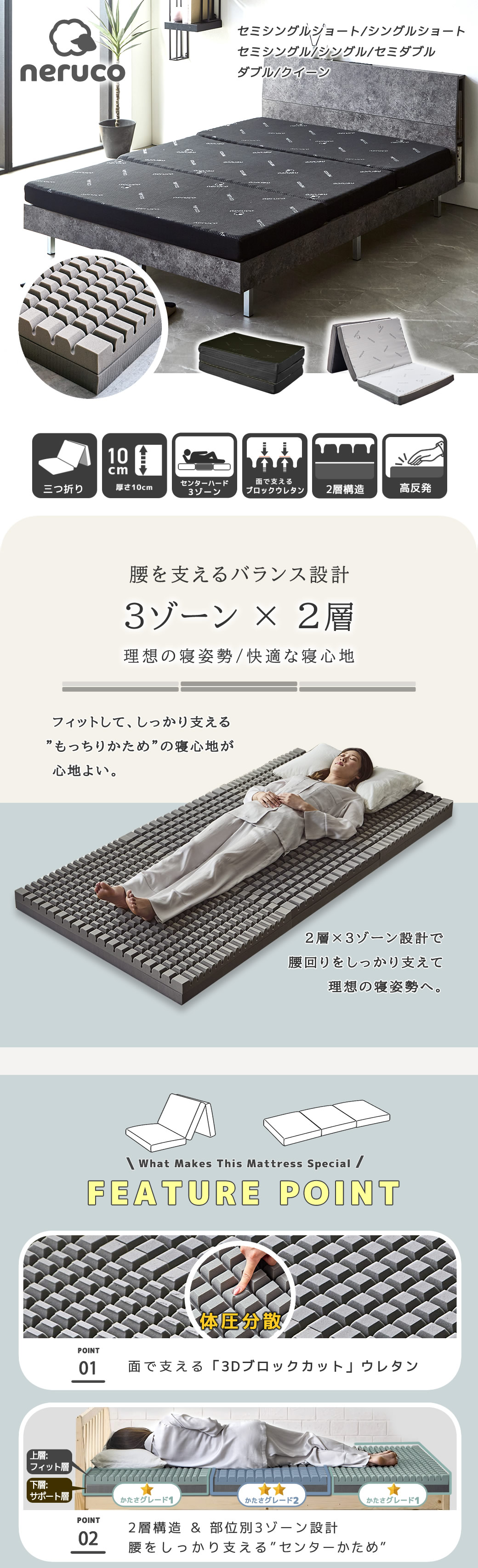 三つ折りマットレス3ゾーン 2層式 ブロックウレタン 密度35D