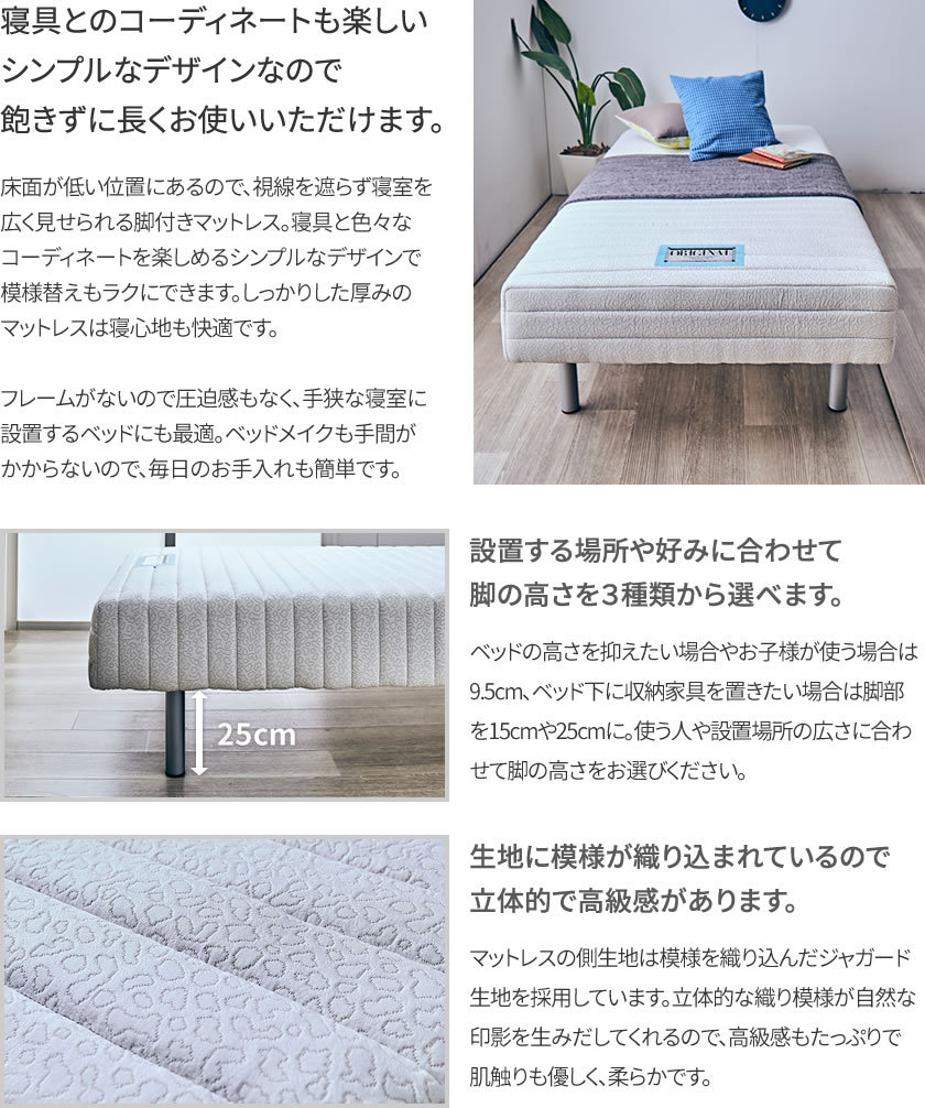 フランスベッド 脚付きマットレス シングル レッグ高さ25cm やや
