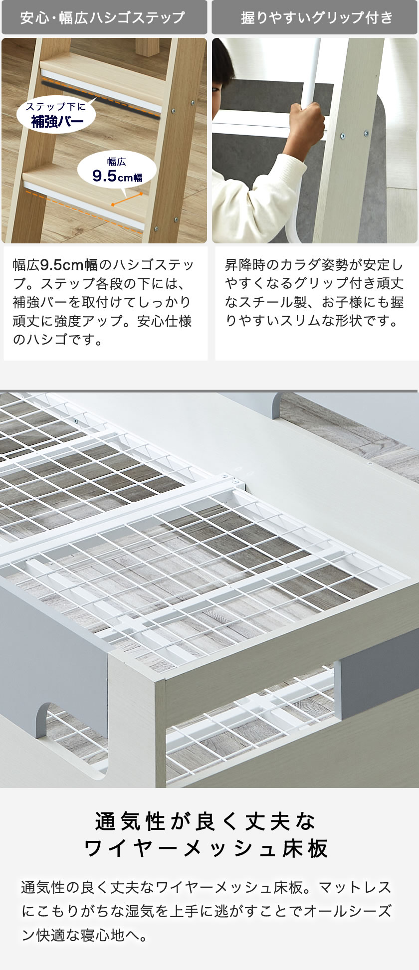 通気性の良いワイヤーメッシュ床板