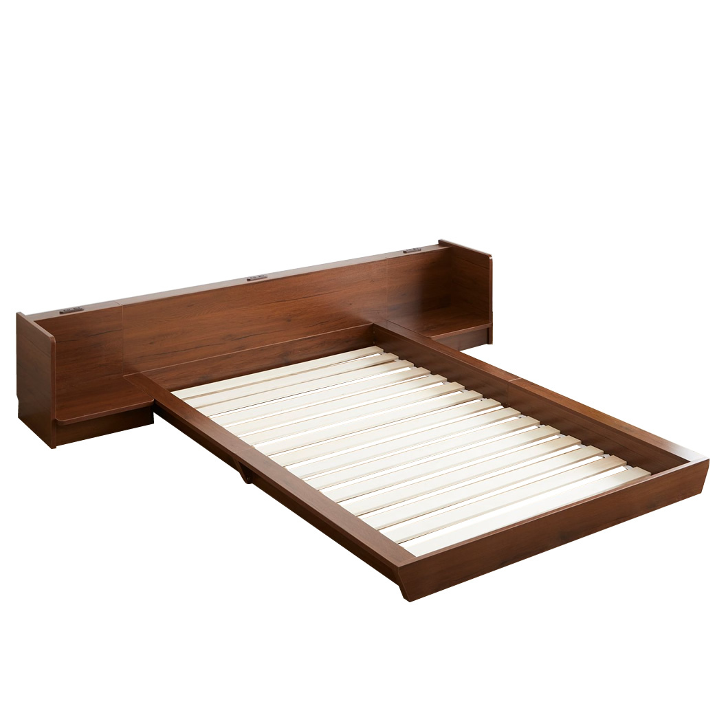 クイーンベッド+両サイドナイトテーブル(ブラウン) ポイント10倍】Platform Bed ローベッド クイーン ナイトテーブルLR