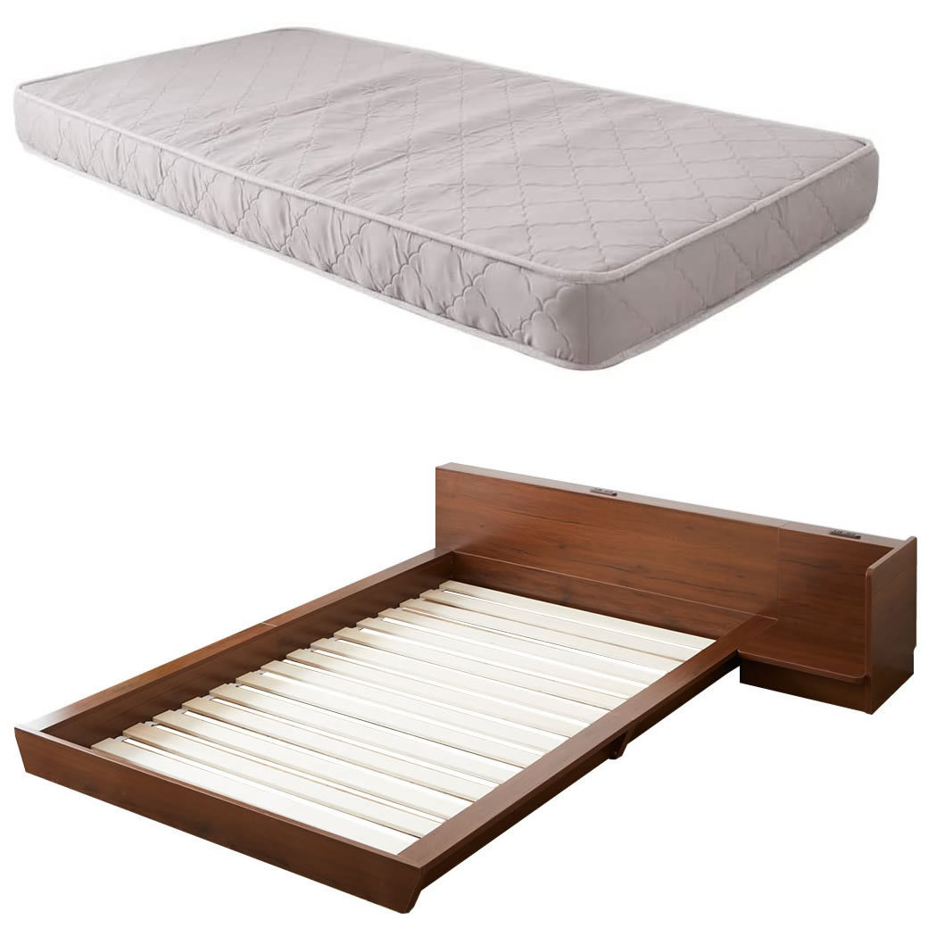 Platform Bed ローベッド シングル ナイトテーブルL(左) 15cm厚 ポケットコイルマットレス付 棚付きコンセント2口 木製ベッド フロアベッド｜ioo｜02