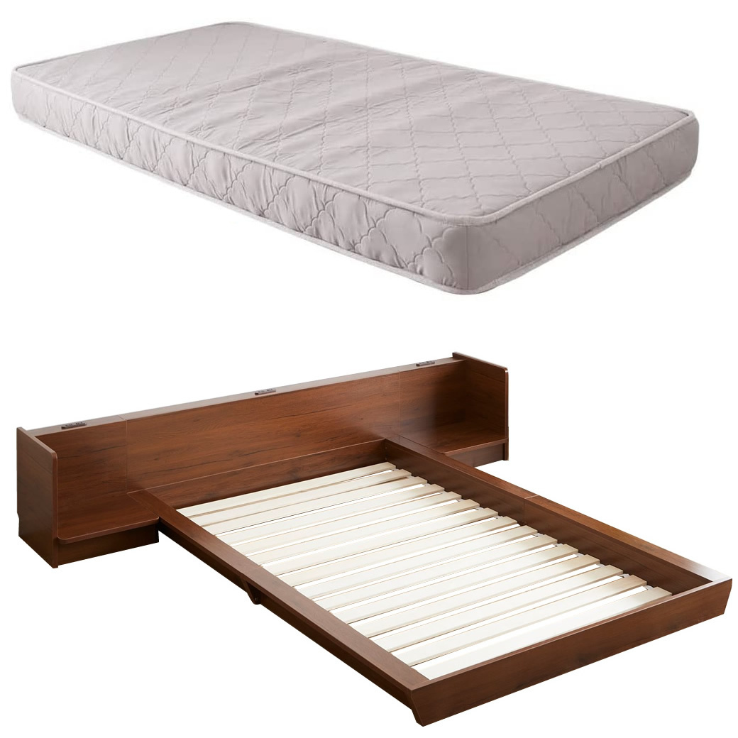 Platform Bed ローベッド シングル ナイトテーブルLR(左右) 15cm厚 ポケットコイルマットレス付 棚付きコンセント2口 木製ベッド フロアベッド｜ioo｜02
