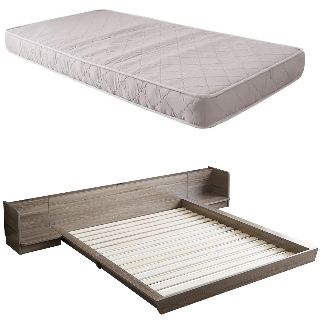 Platform Bed ローベッド シングル ナイトテーブルLR(左右) 15cm厚 ポケットコイルマットレス付 棚付きコンセント2口 木製ベッド フロアベッド｜ioo｜05
