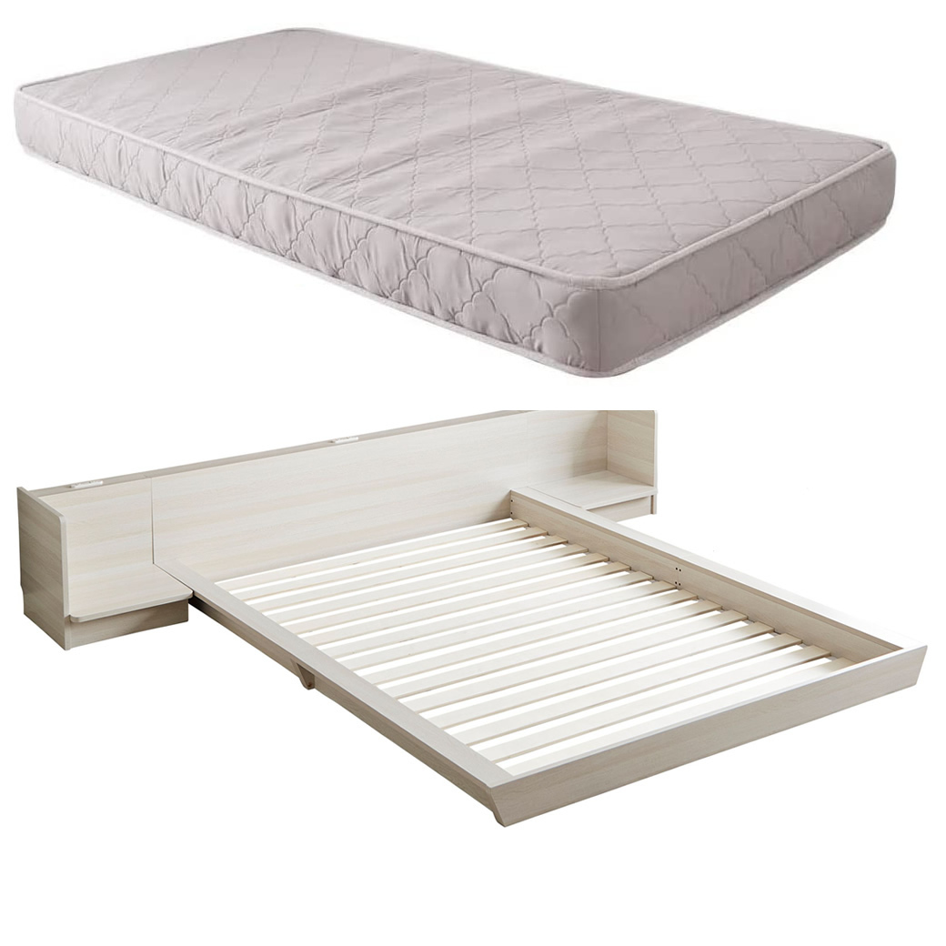 Platform Bed ローベッド シングル ナイトテーブルLR(左右) 15cm厚 ポケットコイルマットレス付 棚付きコンセント2口 木製ベッド フロアベッド｜ioo｜04