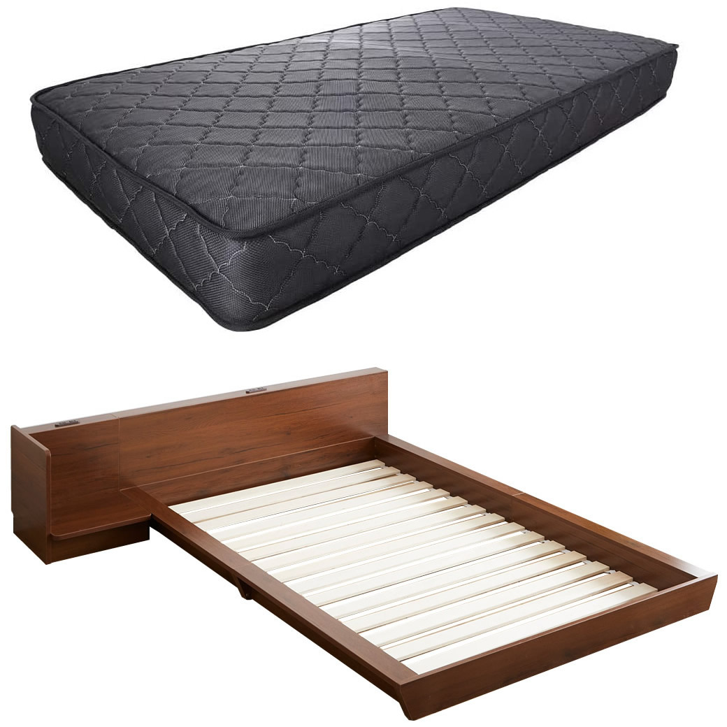 Platform Bed ローベッド シングル ナイトテーブルR(右) 20cm厚 ポケットコイルマットレス付 棚付きコンセント2口 木製ベッド フロアベッド｜ioo｜02