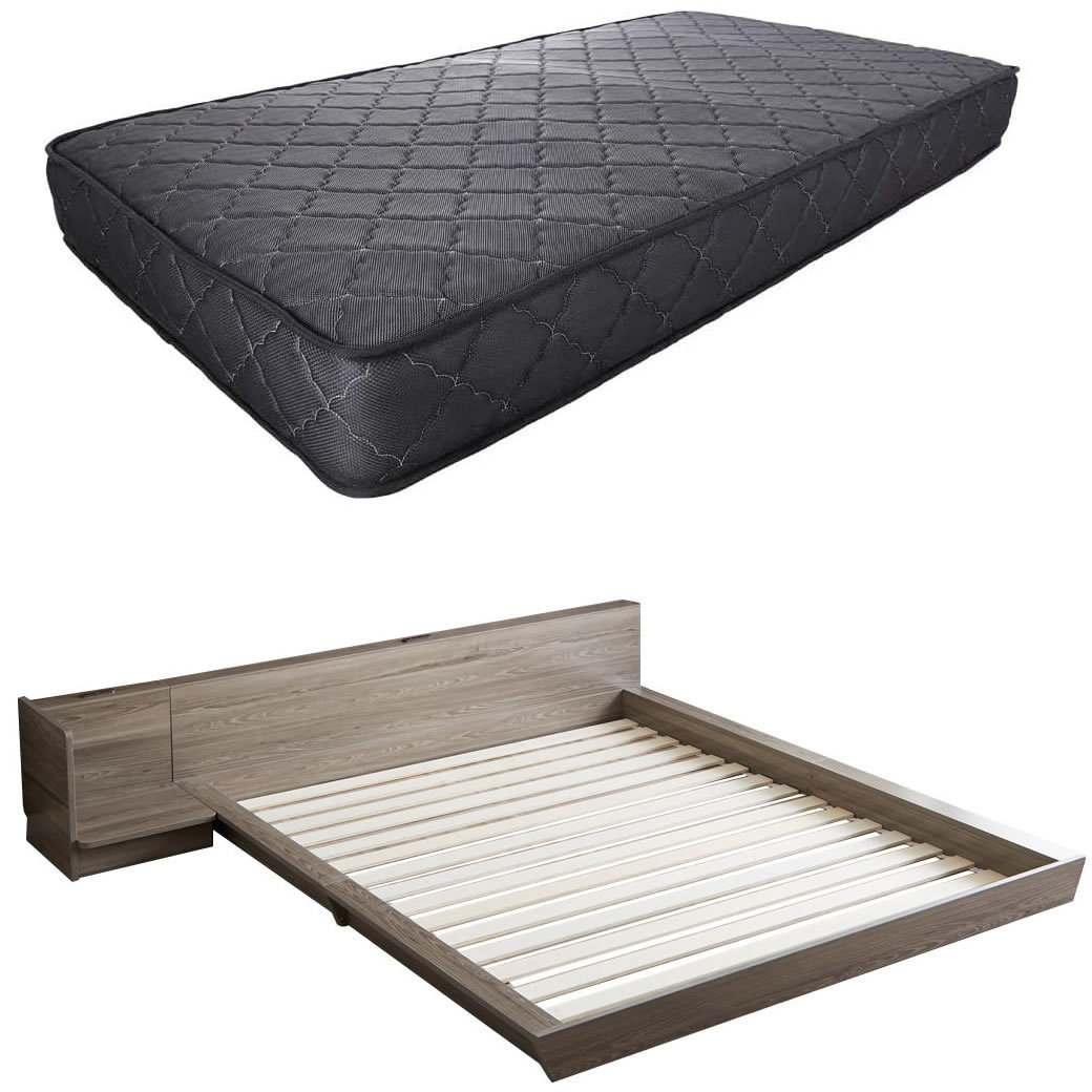 Platform Bed ローベッド シングル ナイトテーブルR(右) 20cm厚 ポケットコイルマットレス付 棚付きコンセント2口 木製ベッド フロアベッド｜ioo｜05