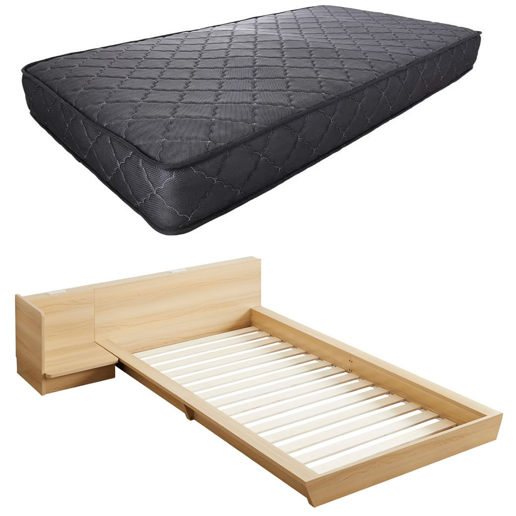 Platform Bed ローベッド シングル ナイトテーブルR(右) 20cm厚 ポケットコイルマットレス付 棚付きコンセント2口 木製ベッド フロアベッド｜ioo｜03