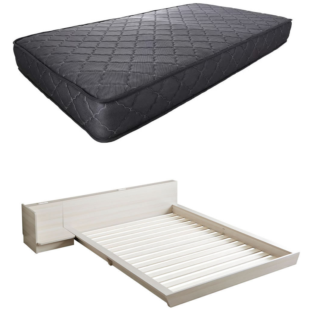 Platform Bed ローベッド シングル ナイトテーブルR(右) 20cm厚 ポケットコイルマットレス付 棚付きコンセント2口 木製ベッド フロアベッド｜ioo｜04