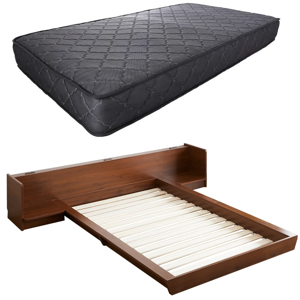 Platform Bed ローベッド シングル ナイトテーブルLR(左右) 20cm厚 ポケットコイルマットレス付 棚付きコンセント2口 木製ベッド フロアベッド｜ioo｜02