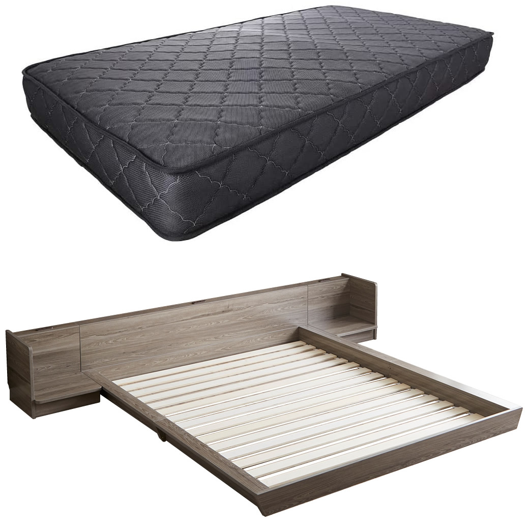 Platform Bed ローベッド シングル ナイトテーブルLR(左右) 20cm厚 ポケットコイルマットレス付 棚付きコンセント2口 木製ベッド フロアベッド｜ioo｜05
