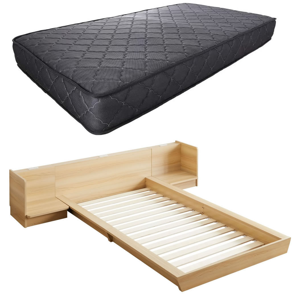Platform Bed ローベッド シングル ナイトテーブルLR(左右) 20cm厚 ポケットコイルマットレス付 棚付きコンセント2口 木製ベッド フロアベッド｜ioo｜03