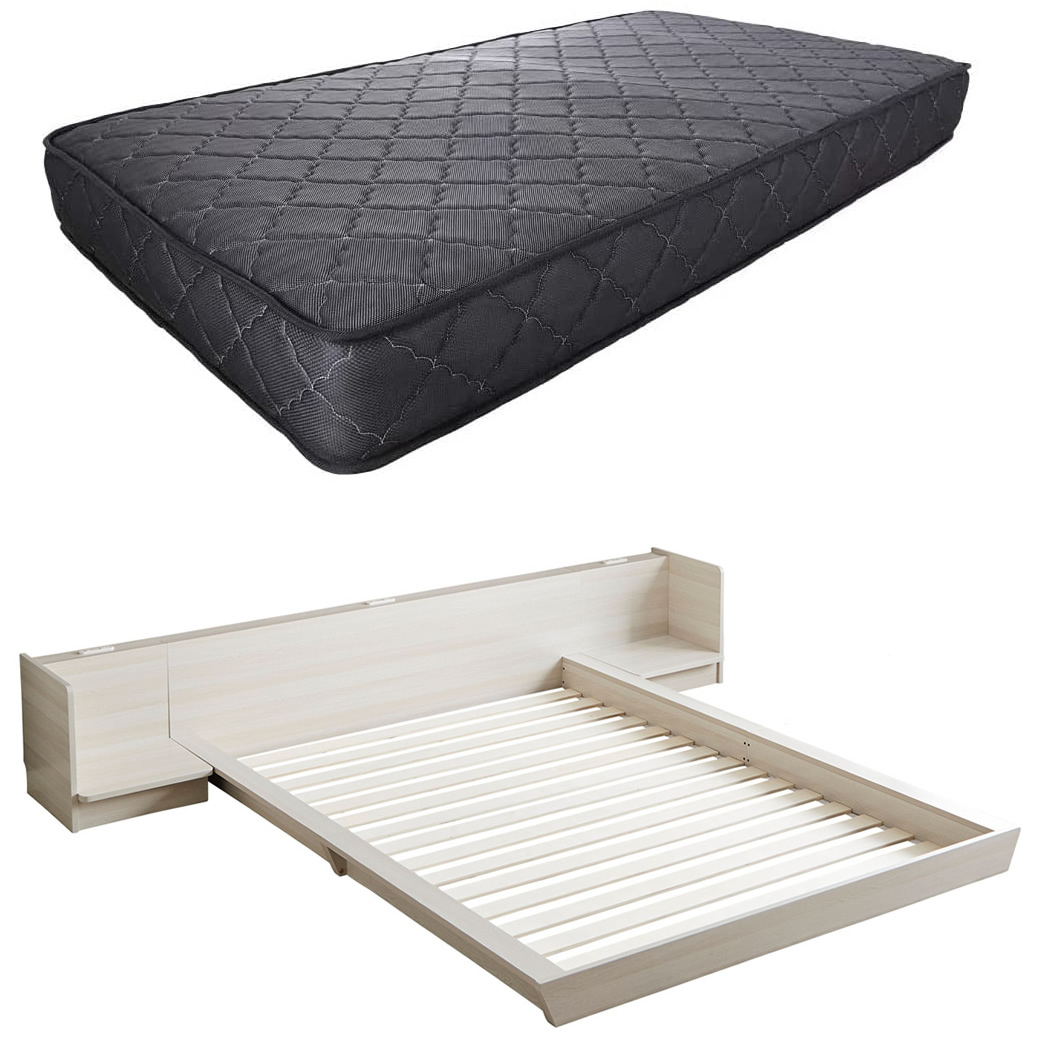 Platform Bed ローベッド シングル ナイトテーブルLR(左右) 20cm厚 ポケットコイルマットレス付 棚付きコンセント2口 木製ベッド フロアベッド｜ioo｜04