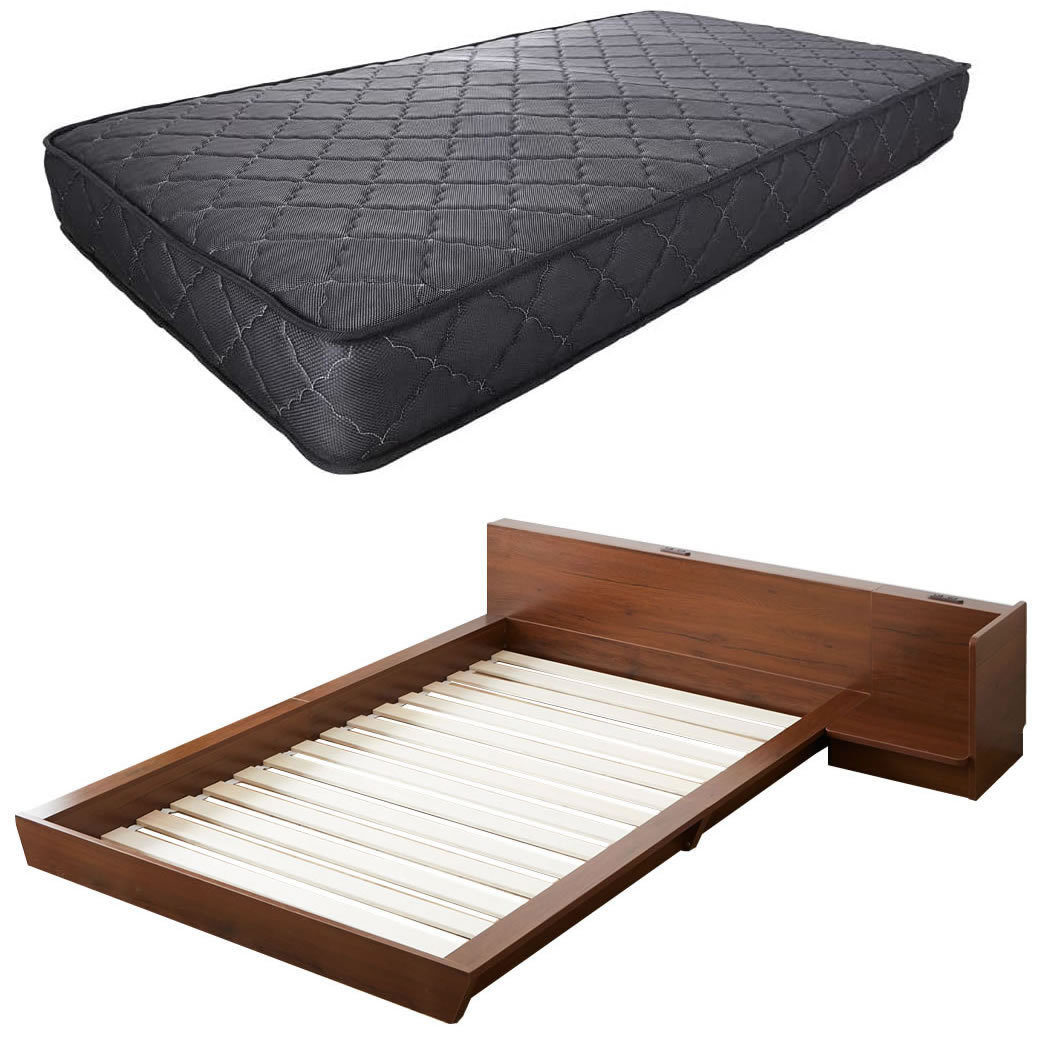 Platform Bed ローベッド クイーン ナイトテーブルL(左) 20cm厚 ポケットコイルマットレス付 棚付きコンセント2口 木製ベッド フロアベッド｜ioo｜02