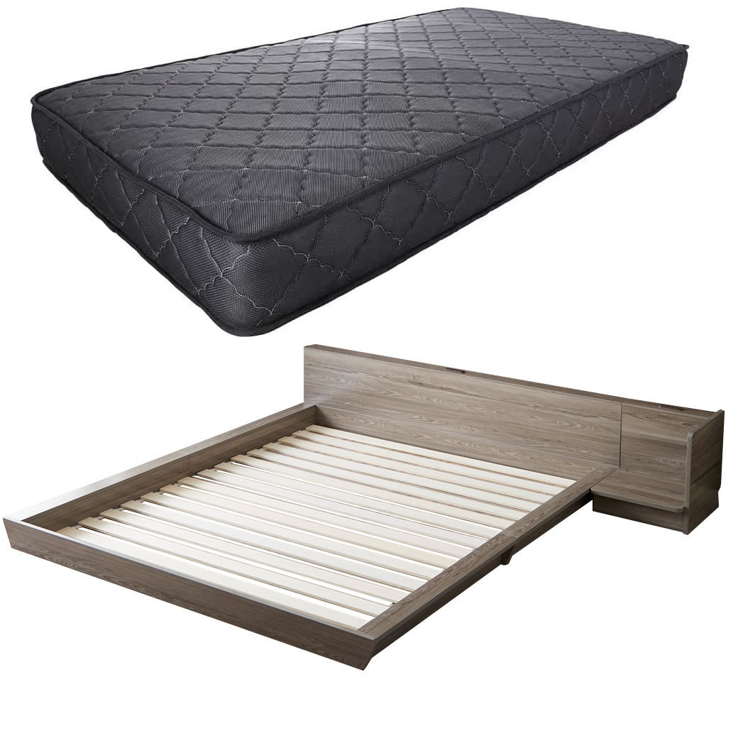 Platform Bed ローベッド クイーン ナイトテーブルL(左) 20cm厚 ポケットコイルマットレス付 棚付きコンセント2口 木製ベッド フロアベッド｜ioo｜05