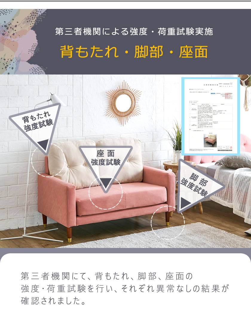 背もたれ、脚部、座面 強度、荷重試験を実施