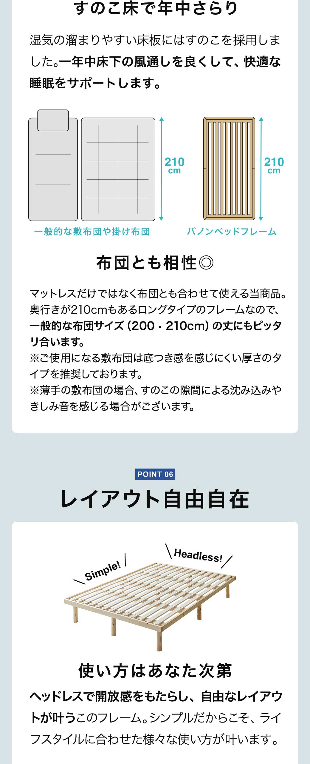 バノンすのこベッドロングサイズは布団も敷ける