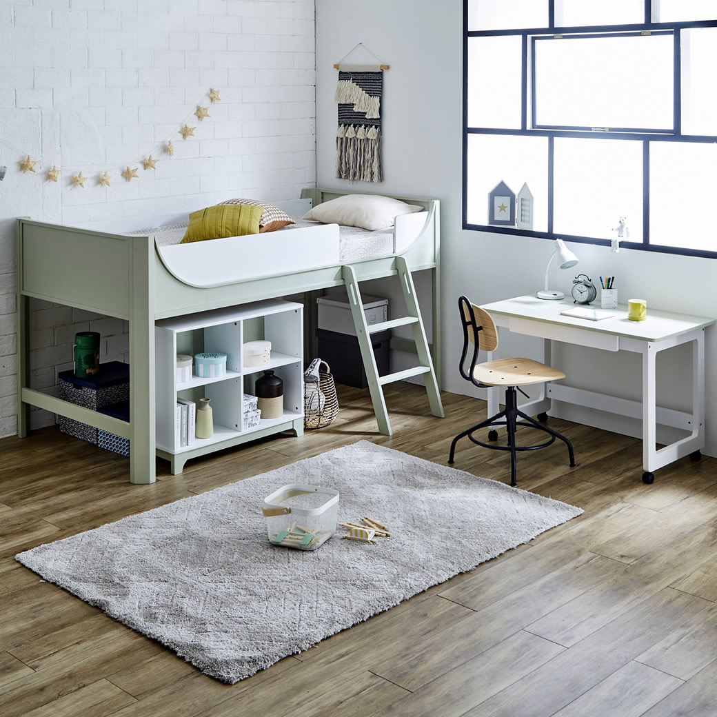 Flavie 木製 システムベッド シングル (ロフトベッド+キャスター付きデスク+シェルフの3点セット）ロータイプ すのこベッドアースグリーン | ネルコンシェルジュ | 02