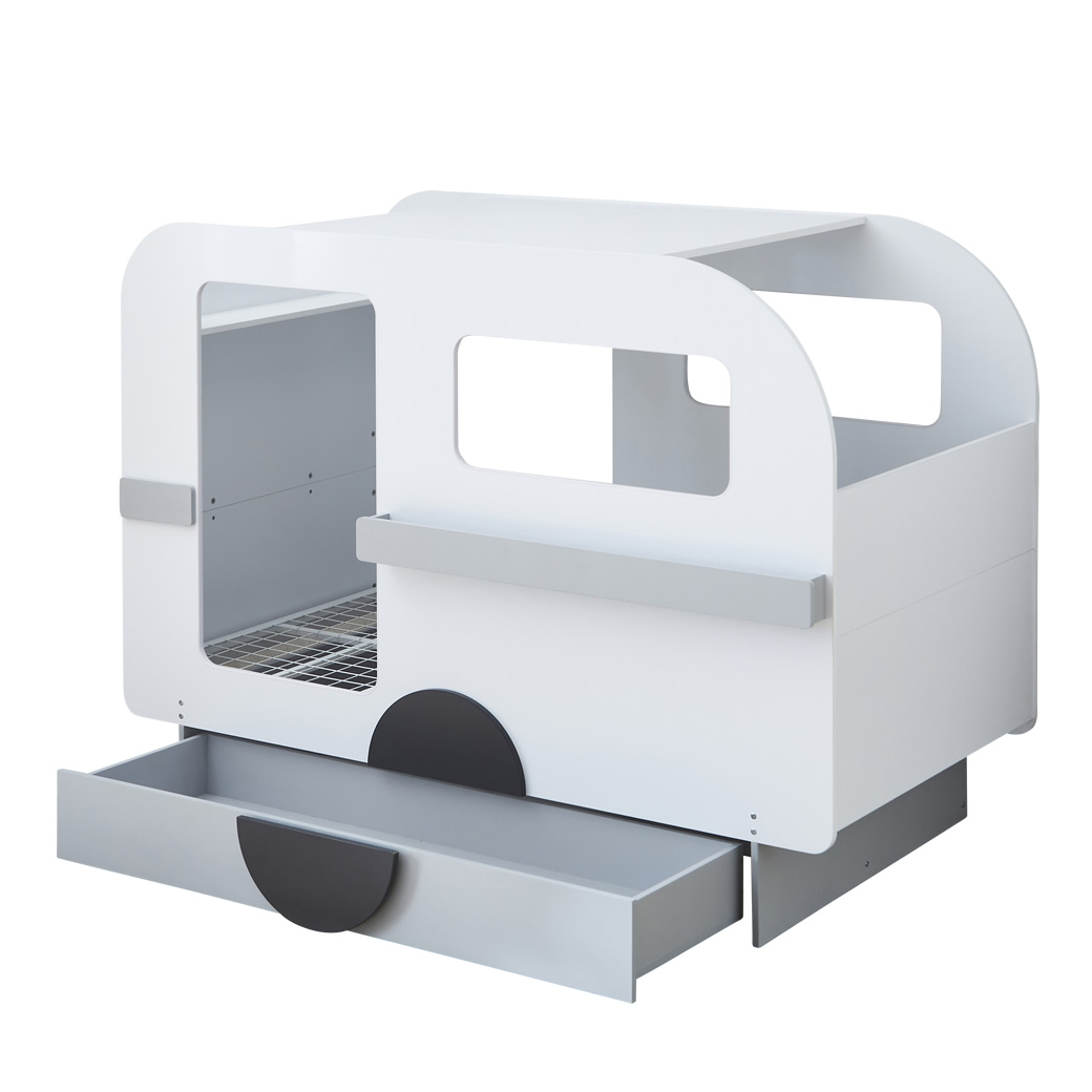 キャンピングカーベッド 【シングルショート】フレーム単品 棚付き 引出し収納付きベッド 子供ベッド ホワイト-グレー_1