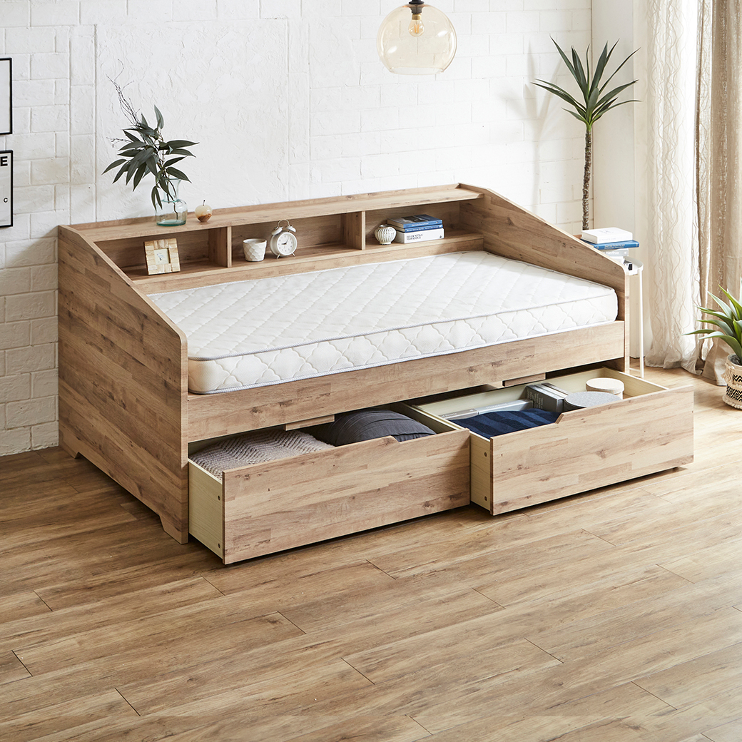 木製棚付き 引き出し付きシングルベッド サイド棚付きベッド デイベッド 引き出し付き Shelvesbed シングル