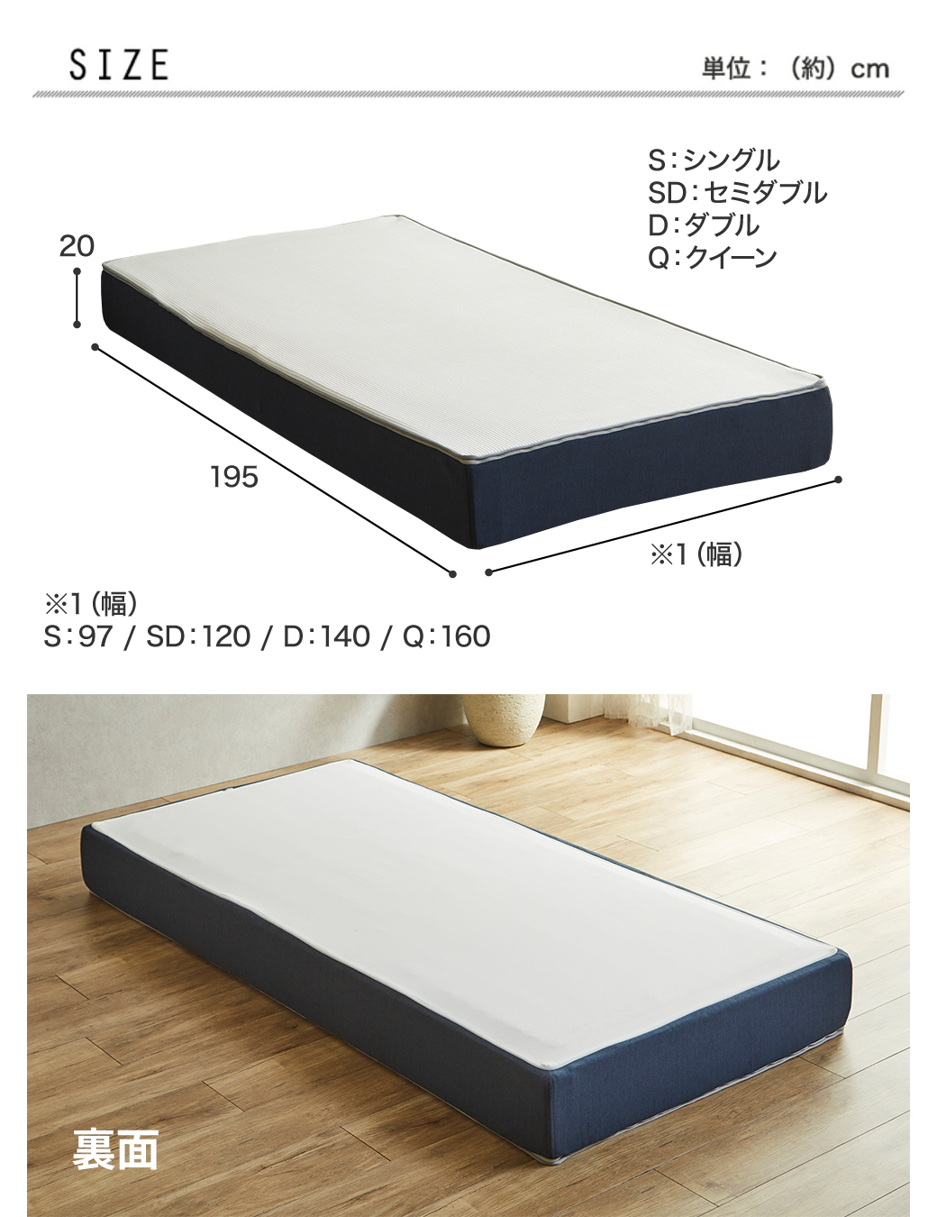 サイズ・寸法図 nerucoハイブリッドマットレス 厚み約20cm 長さ195cm 幅S97/SD120/D140/Q160（裏面イメージ）