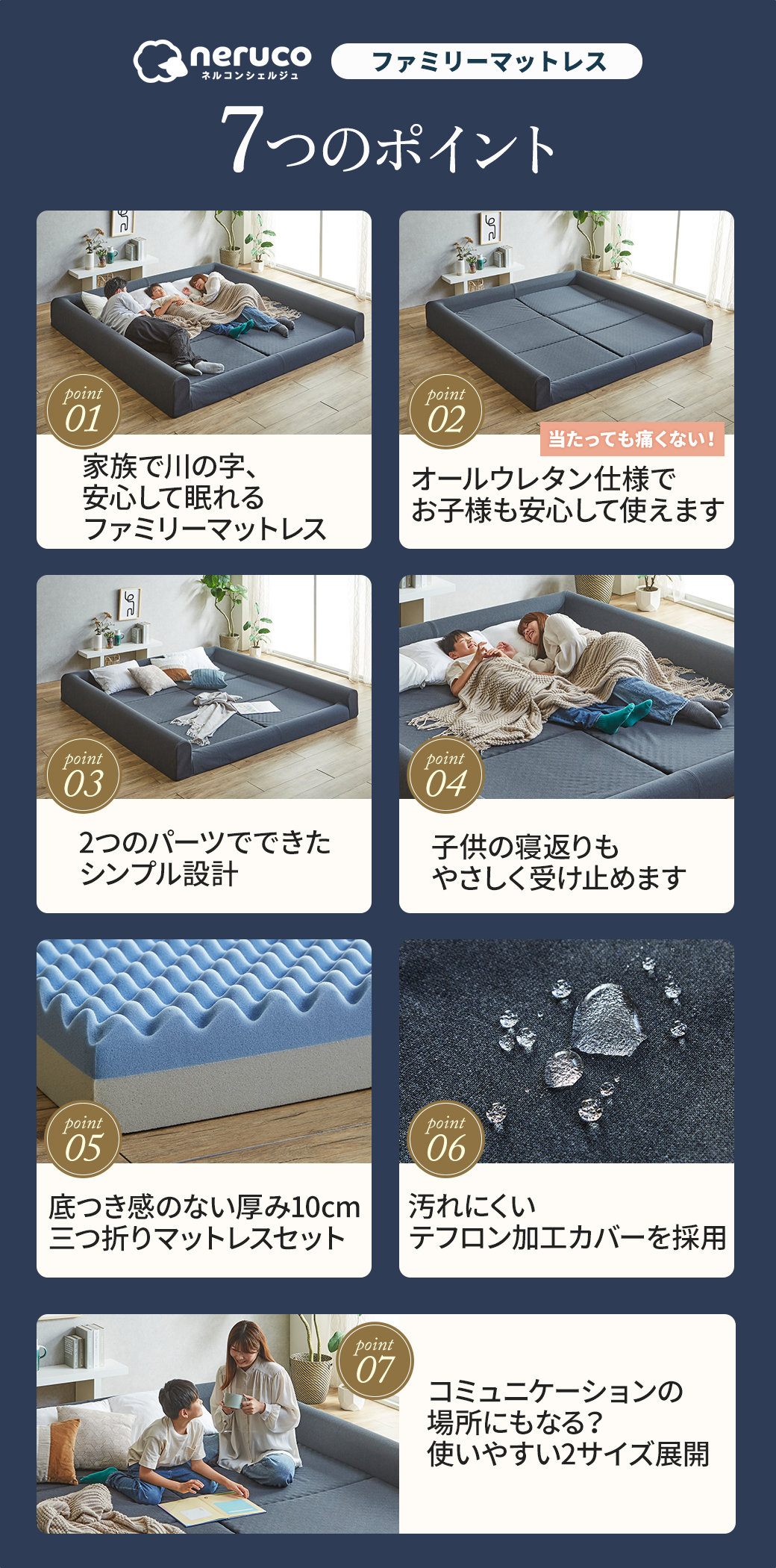 ファミリーマットレス7つのポイント一覧|オールウレタン・角のない設計・三つ折り・撥水防汚カバーなど特徴まとめ