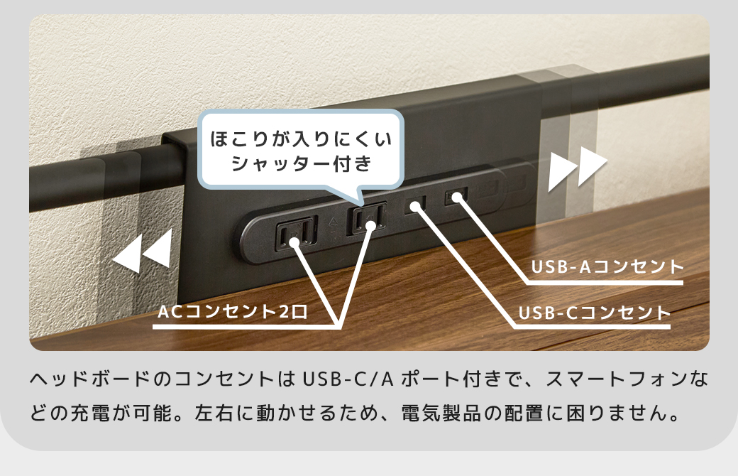 ヘッドボード コンセント AC 2口 USB-A USB-C 充電ポート