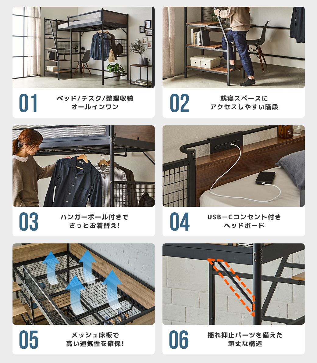 ロフトベッド 機能説明図 メッシュ床板 コンセント 階段 収納 ハンガーレール